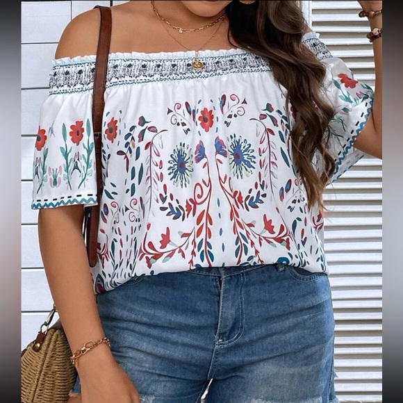 Boho Floral Print Off Shoulder Top Blouse Shirt White - Picture 4 of 8